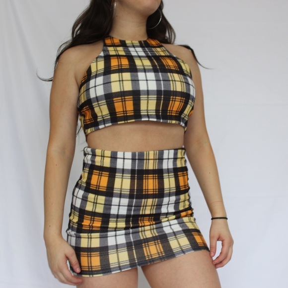 yellow plaid 2 piece set